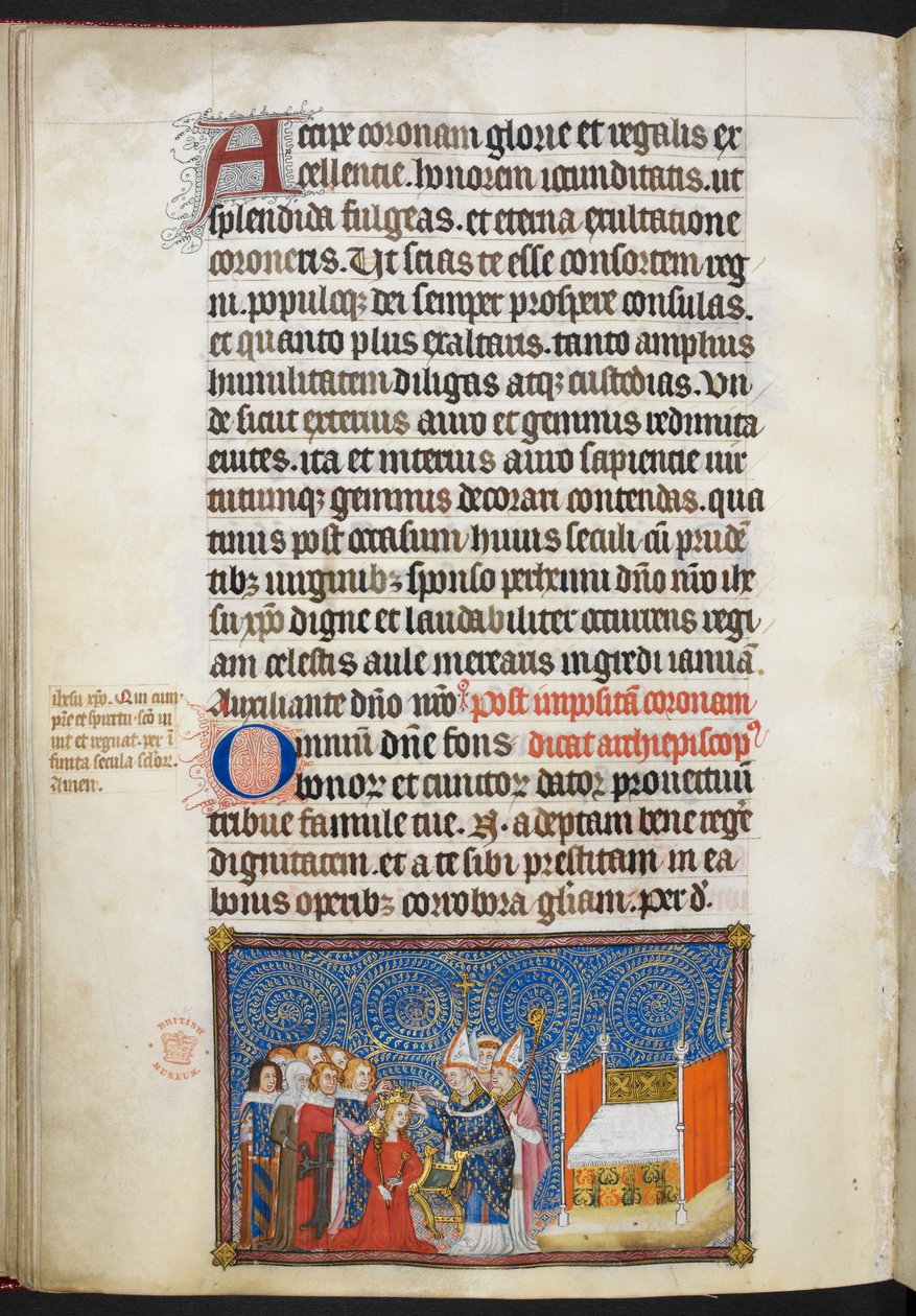 Cotton Tiberius B. VIII f.69v Ärkebiskopen av Reims placerar kronan på drottningens huvud och baronerna upprätthåller hennes krona, illustration från 