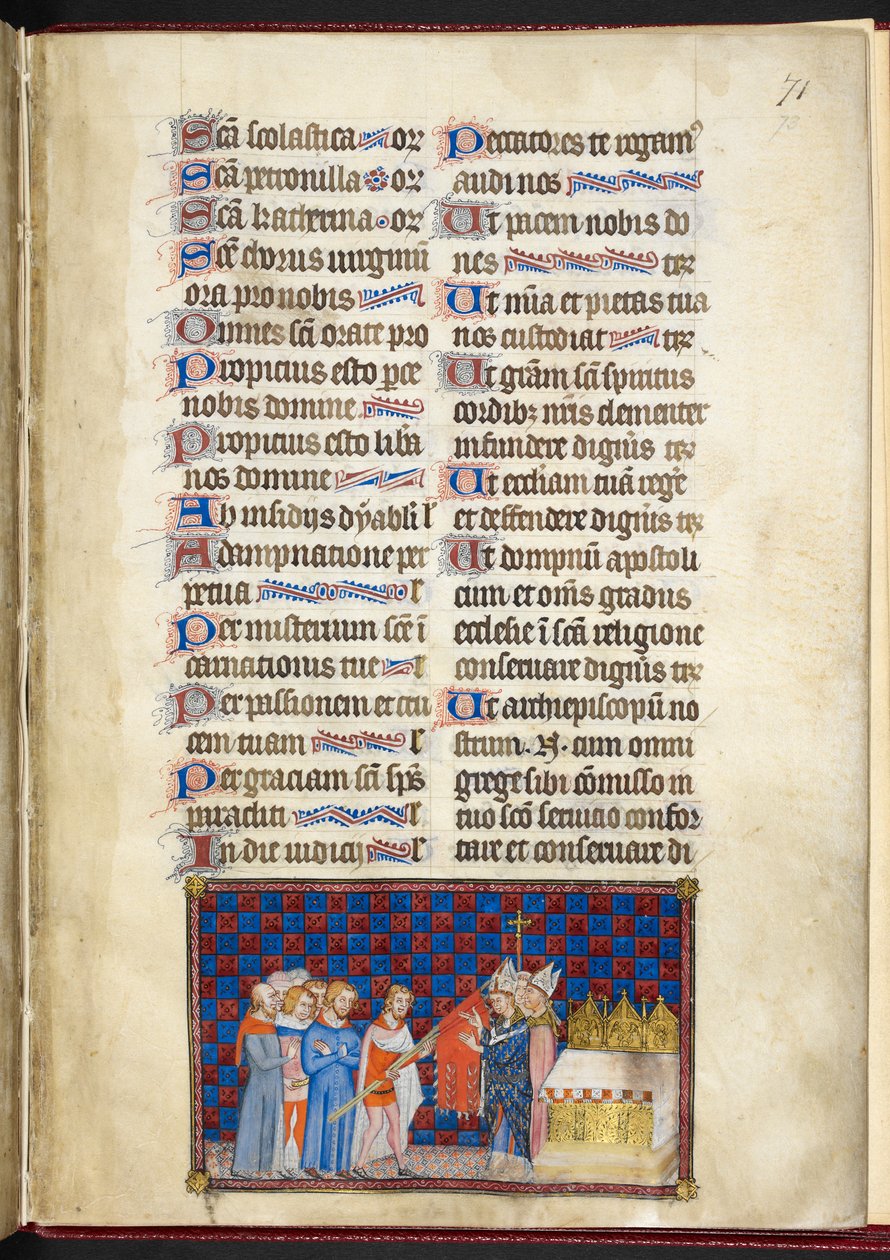 Cotton Tiberius B. VIII f.73r, ärkebiskopen av Reims som välsignar Oriflammen, illustration från 