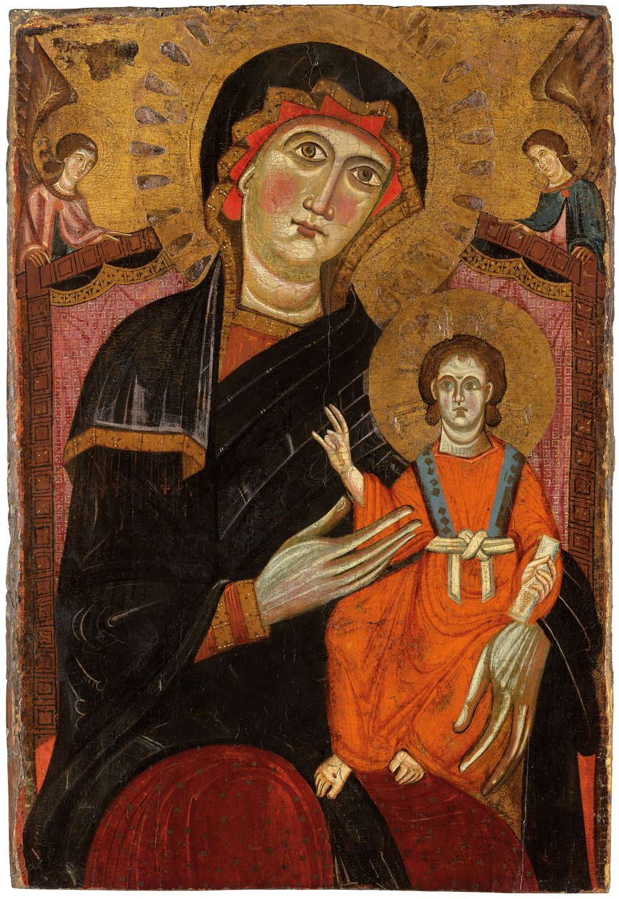 Madonna och barn tronade med två änglar av Master of the Crucifix No. 434
