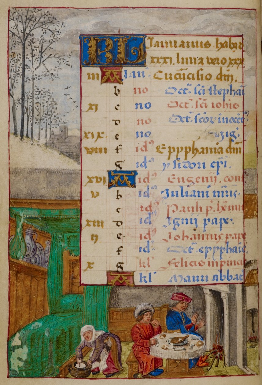 Lägg till. 18852, f.1v Kalendersida för januari, illustration från 