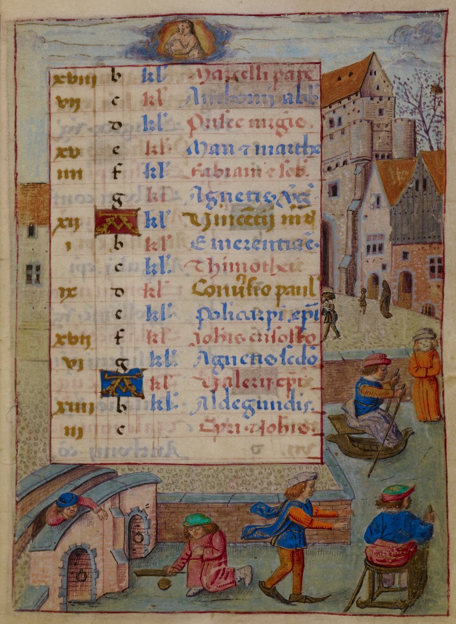 Lägg till. 18852, f.2 Kalendersida för januari, illustration från "Hours of Joanna of Castile" av Master of the David Scenes