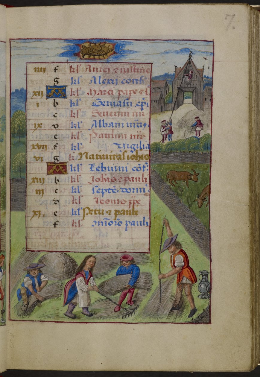 Lägg till MS 18852 f.7r Kalendersida för juni. Överst, Kräftan, från "Hours of Joanna of Castile", ca 1496-1506 (vellum) av Master of the David Scenes