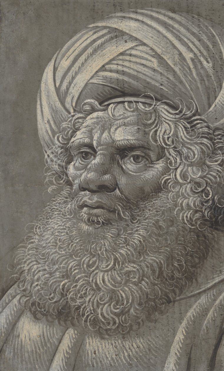 Huvudet på en skäggig man som bär en turban recto, latinsk skrift tergo, ca. 1510. av Master of the Death of Absalom