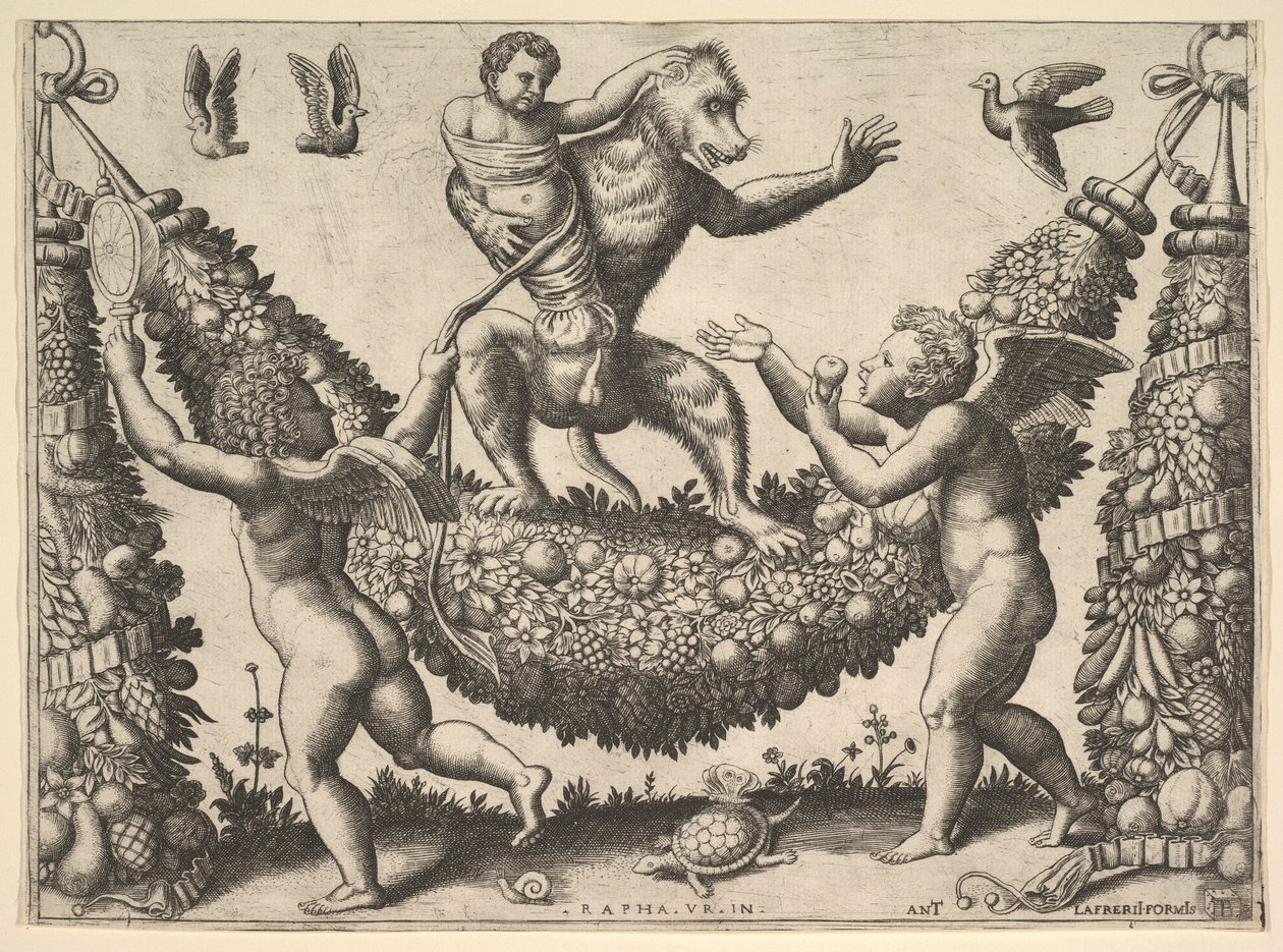En apa som håller en bunden putto stående på en krans framför vilken två bevingade p..., 1530-60. av Master of the Die