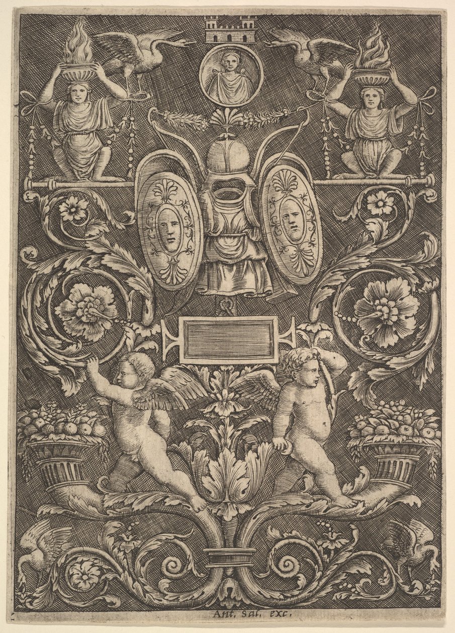 En prydnadspanel, putti stående på ymnighetshorn i nedre delen, 1530-60. av Master of the Die