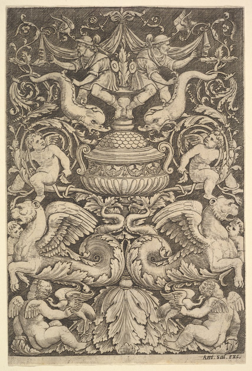 En prydnadspanel med en stor burk i mitten, putti och andra figurer, 1530-60. av Master of the Die