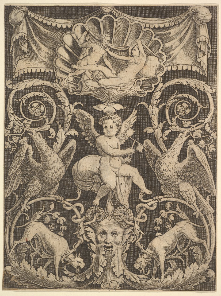 En prydnadspanel med en putto i mitten som håller en väderkvarn, 1532. av Master of the Die