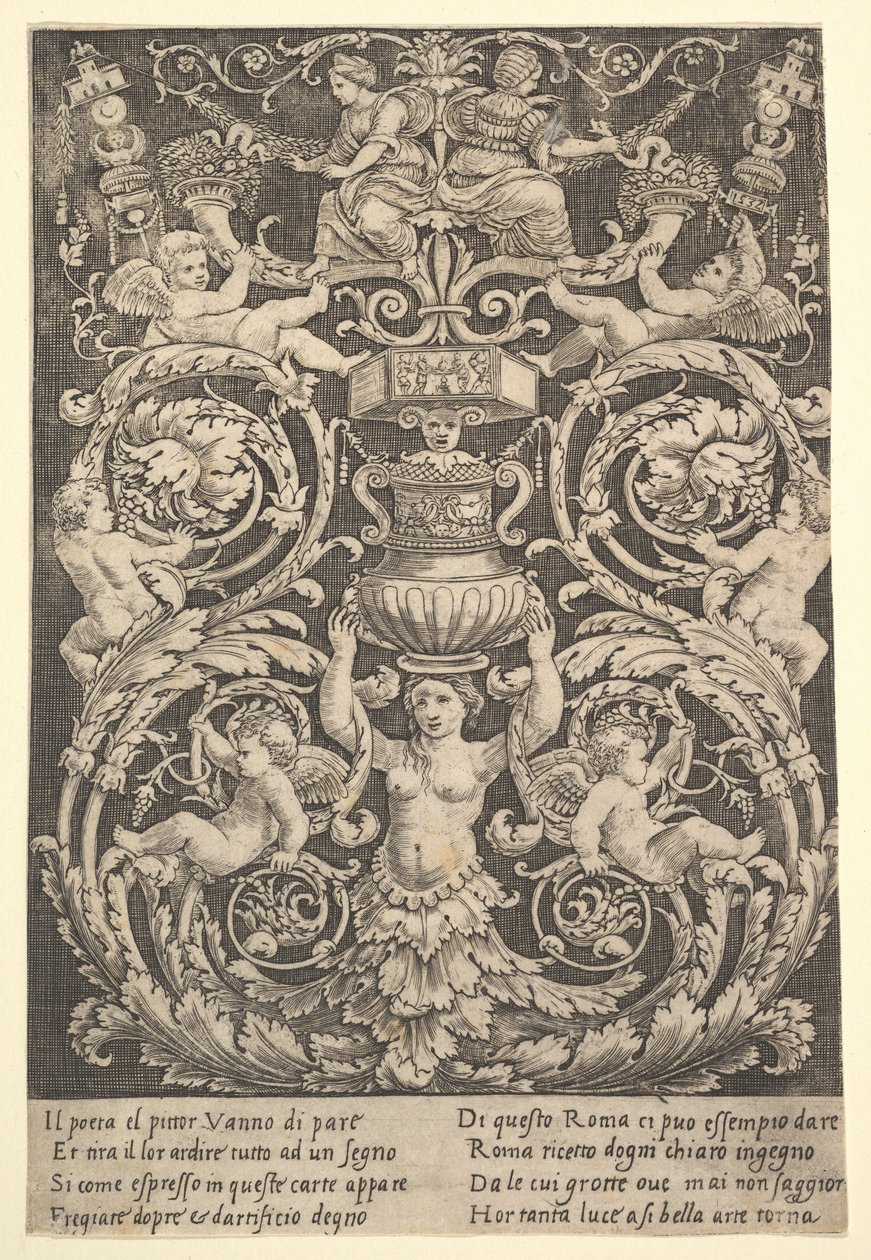 En prydnadspanel med en kvinna som håller en vas i mitten, 1532. av Master of the Die