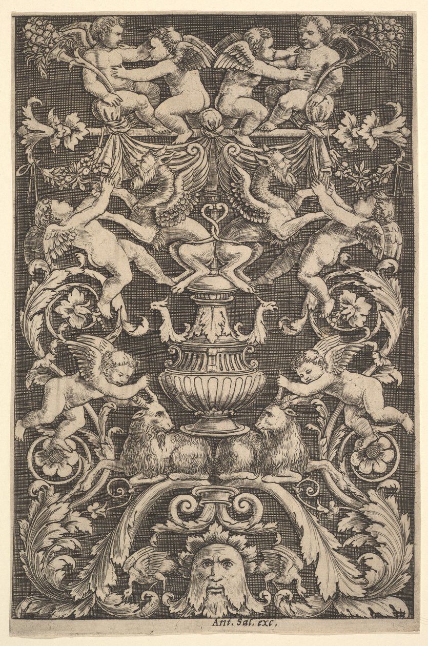 En prydnadspanel med putti, get och andra figurer, 1530-60. av Master of the Die