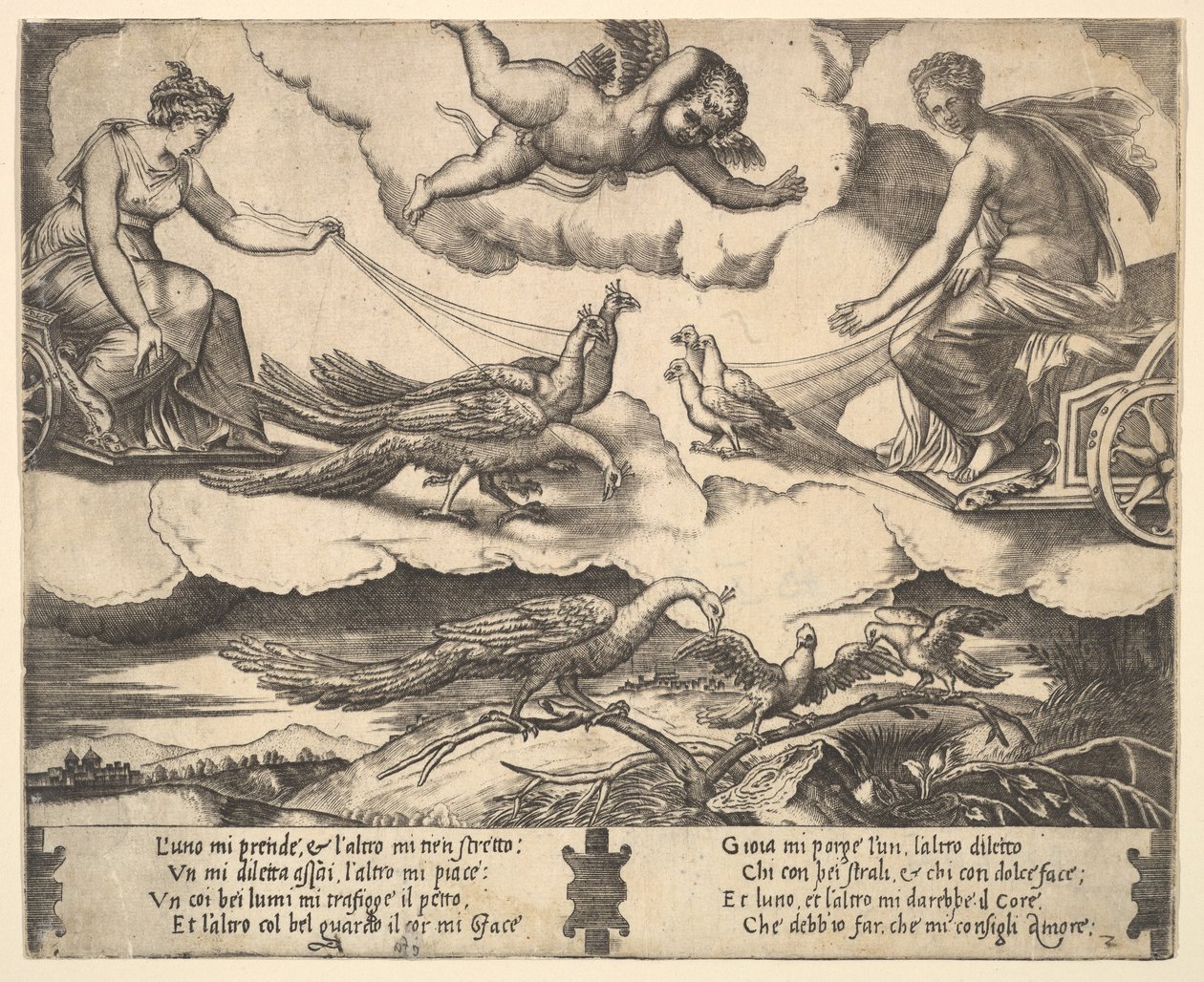 Allegori om äktenskap och kärlek, Juno i en vagn dragen av påfåglar till vänster, Venus i en ..., 1530-60. av Master of the Die