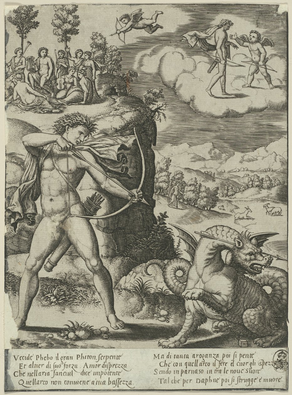Apollo Slaying Python, platta ett från The History of Apollo and Daphne av Master of the Die
