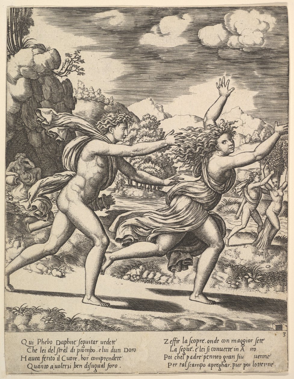 Apollo jagar Daphne som slår upp armarna, i bakgrunden till höger visar mamman..., 1530-60. av Master of the Die