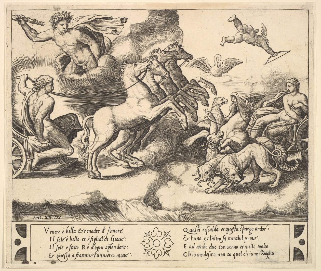 Apollon i sin hästdragna vagn till vänster, ovanför honom ovanför Jupiter slungar ett åska..., 1530-60. av Master of the Die