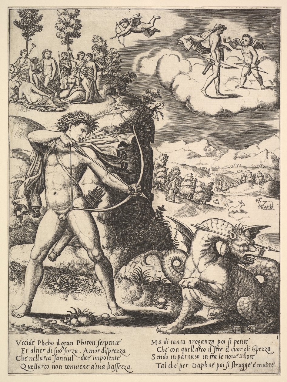 Apollon står till vänster och skjuter en pytonslang med en pil, ovanför till vänster finns musan..., 1530-60. av Master of the Die