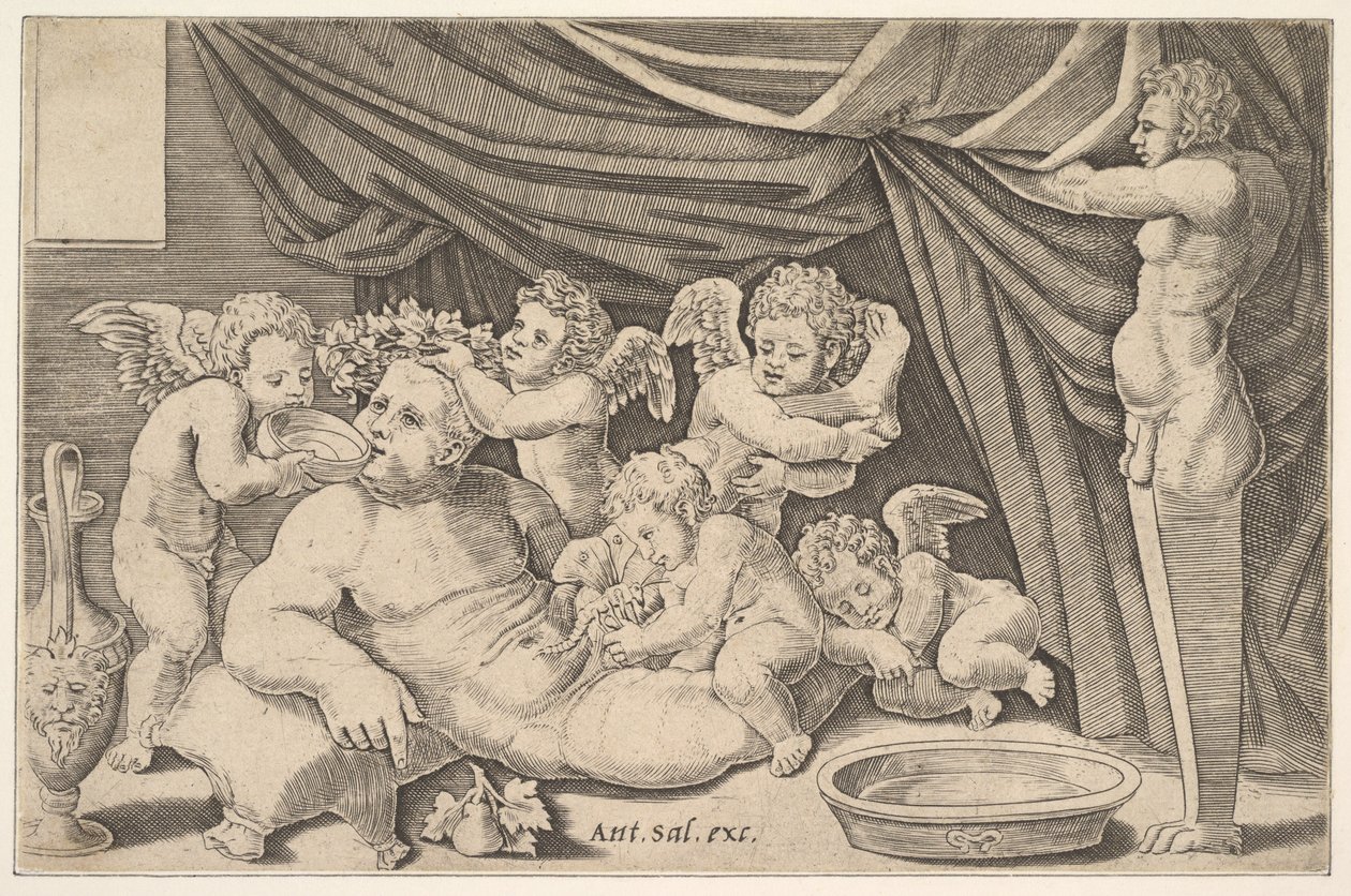 Bacchus omgiven av Putti, en staty av Priapus till höger, 1530-60. av Master of the Die