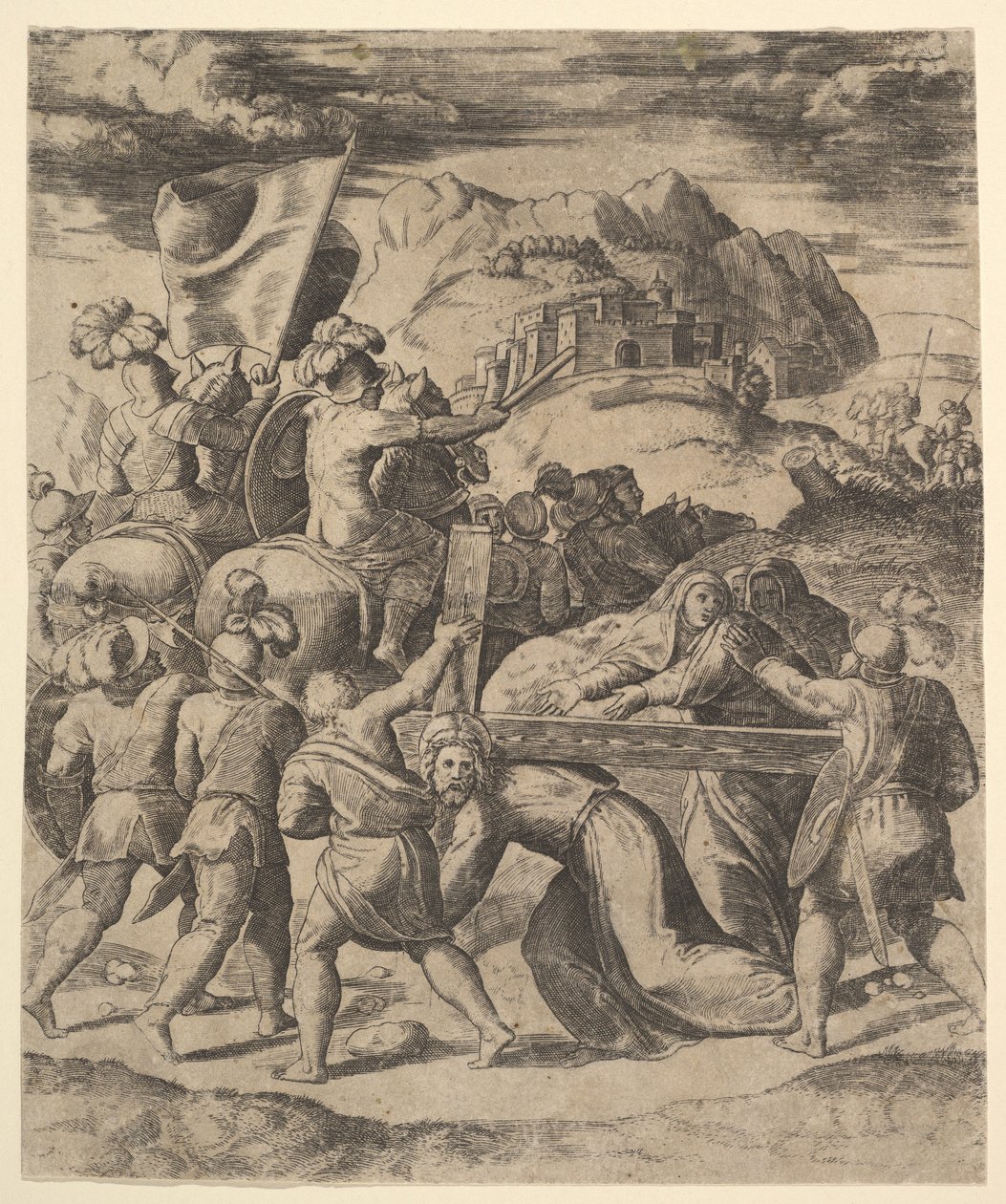 Kristus bär korset omgiven av soldater, flera till häst, 1530-60. av Master of the Die