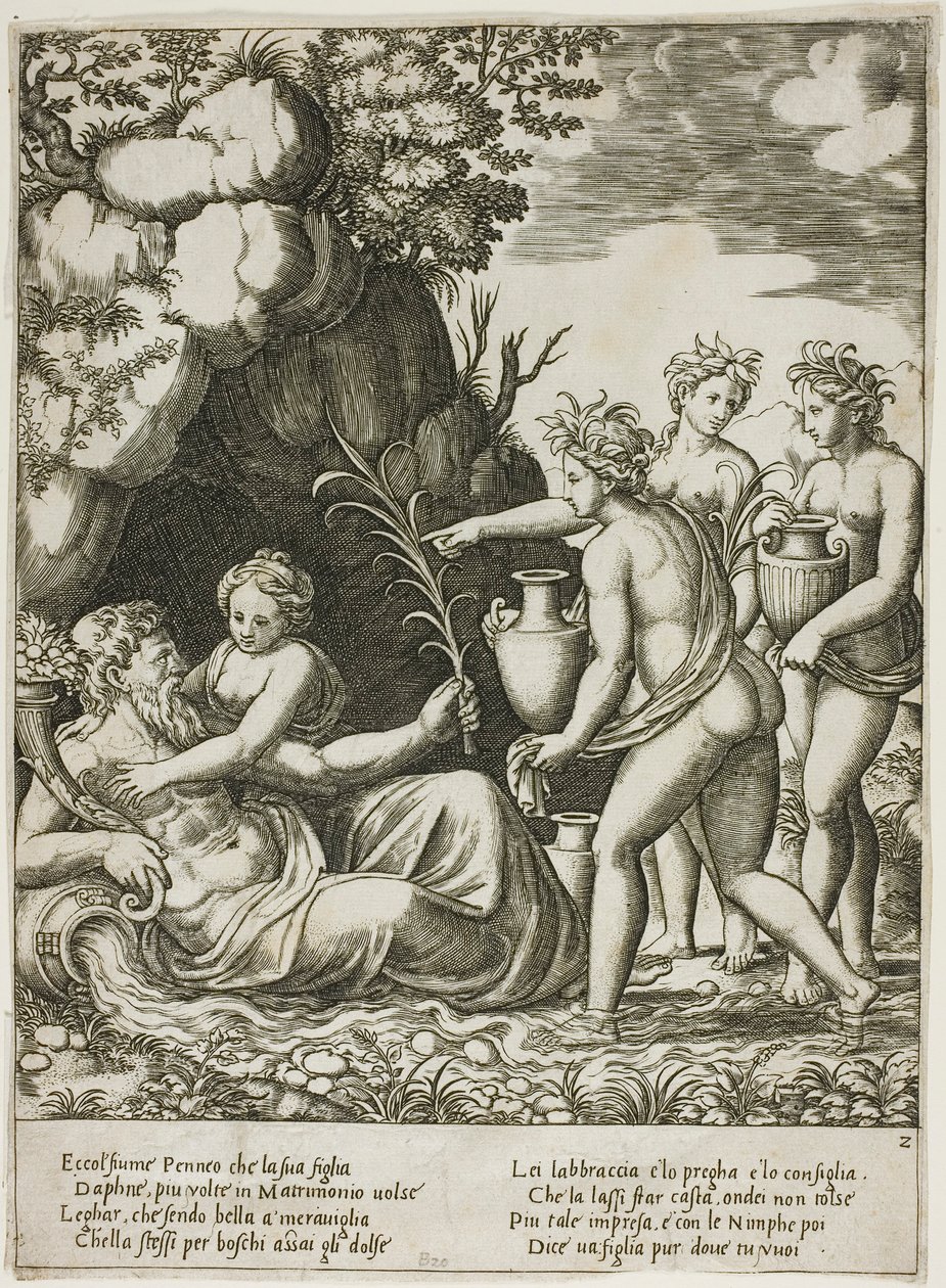 Daphne omfamnar sin far, floden Peneus av Master of the Die