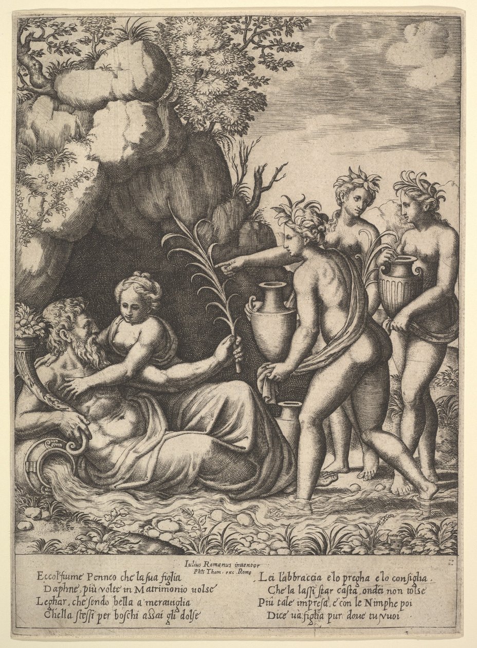 Daphne omfamnar sin far, flodguden Peneus, till vänster kommer tre nymfer med burkar ..., 1530-60. av Master of the Die
