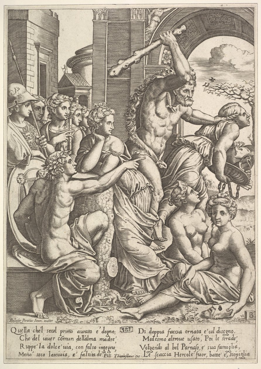 Avund eller girighet till höger drivs bort från musernas tempel av Herkules som ..., 1530-60. av Master of the Die