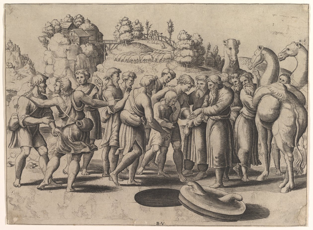 Joseph i mitten säljs av sina bröder som står ovanför en brunn, kameler till höger, 1533. av Master of the Die
