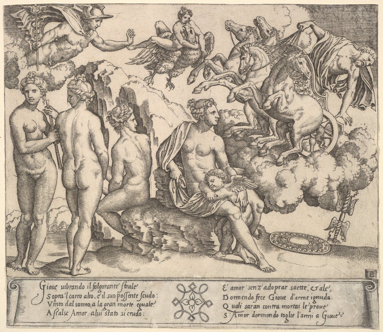 Jupiter tumlar från en häst och vagn till höger, Ganymedes i form av en örn..., 1530-60. av Master of the Die