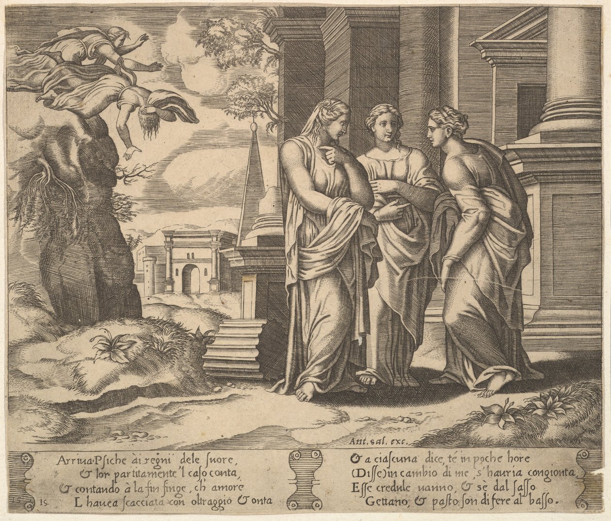 Tavla 15: Psyche relaterar sina olyckor till sina systrar, från The Fable of Psyche, 1530-60. av Master of the Die
