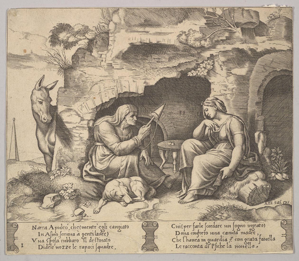 Plåt 1: Apuleius förvandlades till en åsna som lyssnade på historien berättad av den gamla kvinnan sp..., 1520-70. av Master of the Die