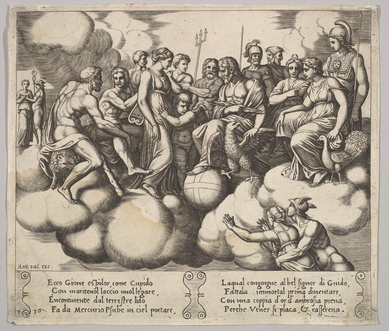 Platta 30: Venus och Amor vädjar om sin sak i närvaro av Jupiter och andra gudar..., 1530-60. av Master of the Die
