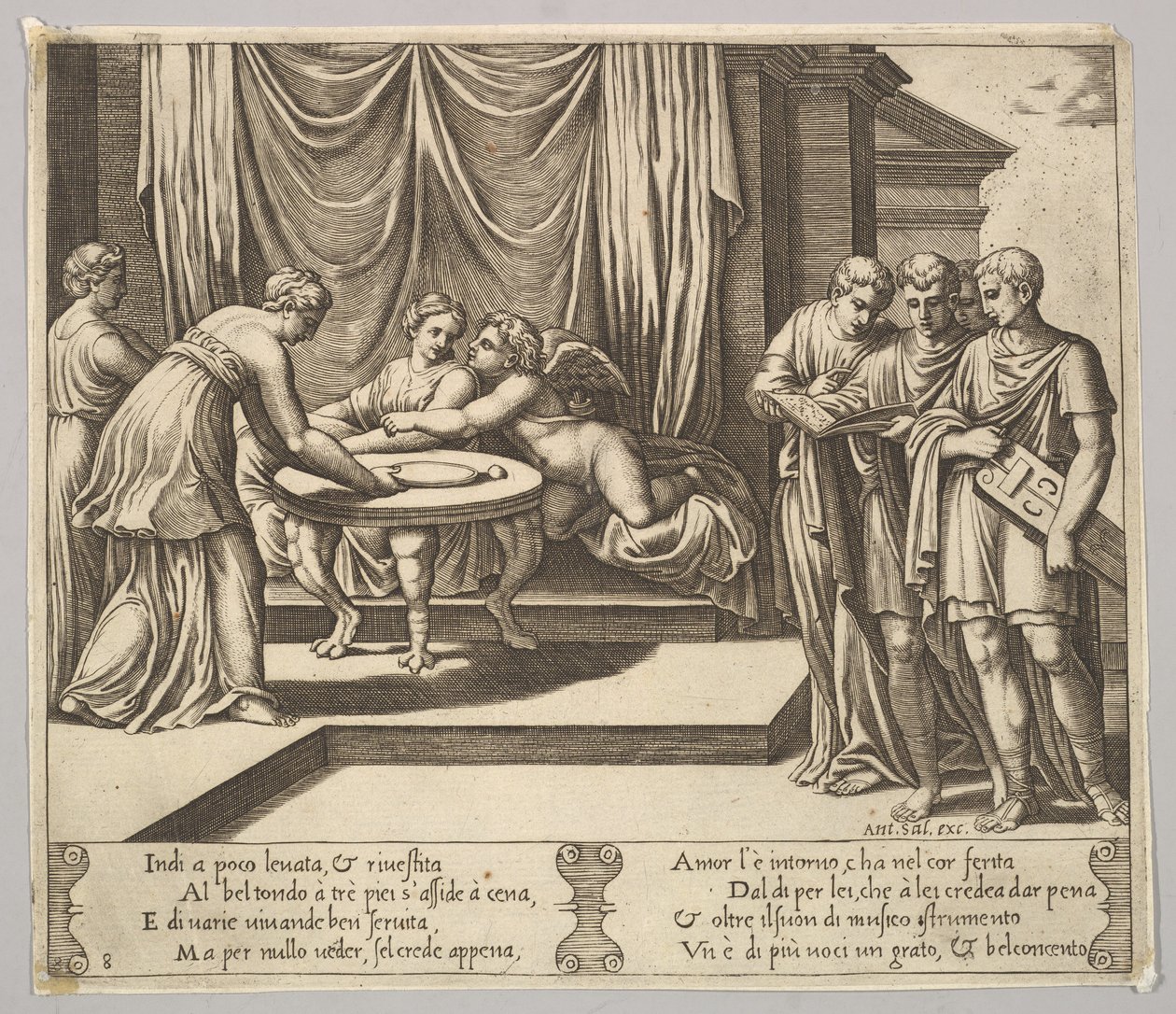 Tavla 8: Psyche sittande vid ett bord och deltog av osynliga tjänare, Eros bredvid g..., 1530-60. av Master of the Die