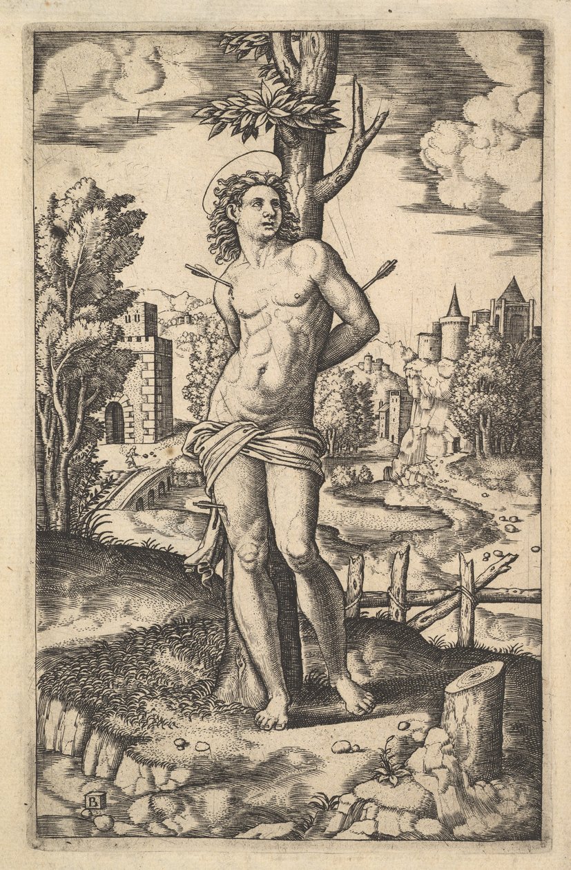 Sankt Sebastian bunden till ett träd genomborrat av pilar, 1530-60. av Master of the Die