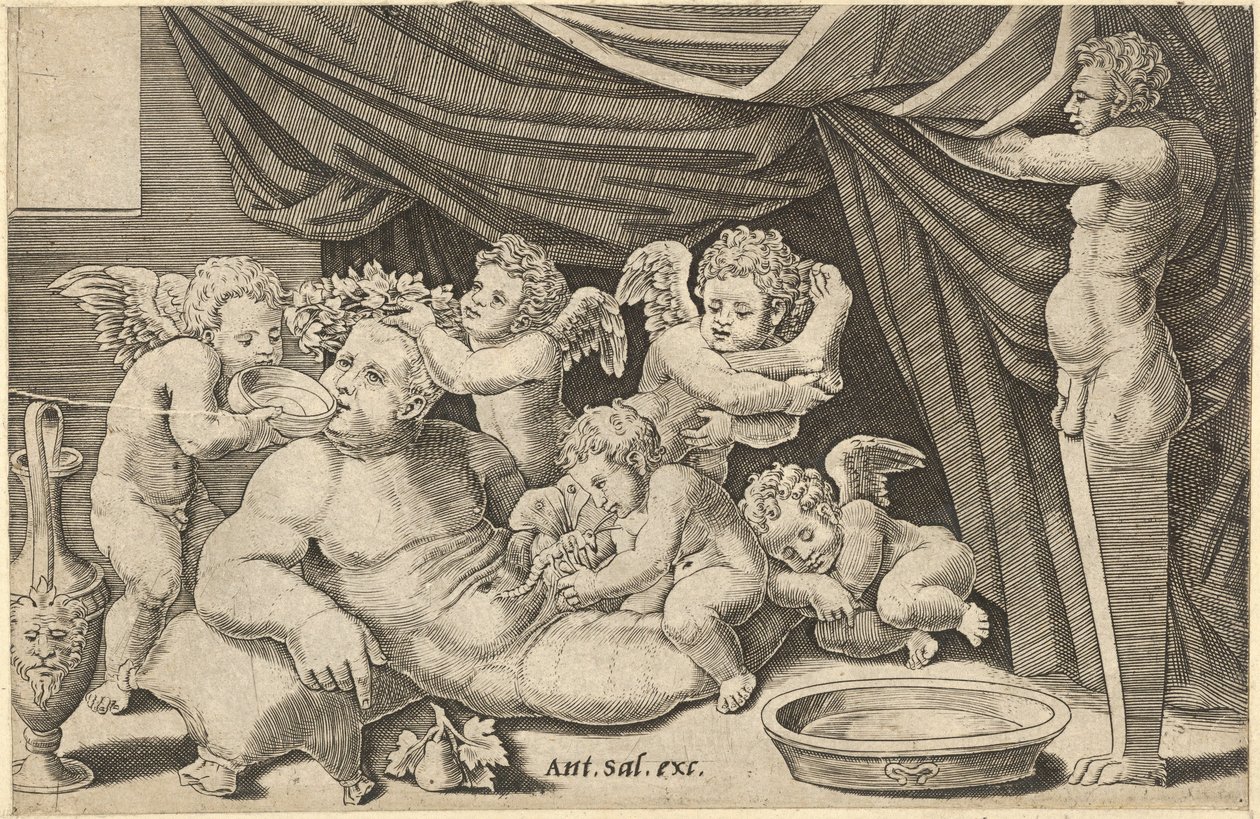 Mirror of Roman Magnificence: Bacchus Omgiven av Putti med Priapus som håller ..., 1500-talet. av Master of the Die