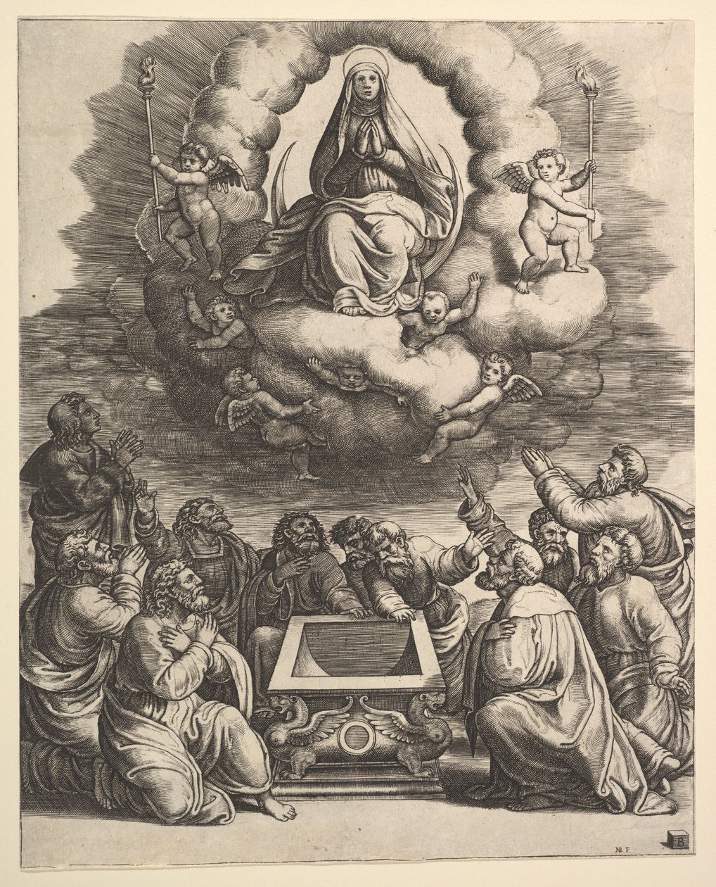 Jungfruns antagande, nedanför apostlarna omger graven, 1530-60. av Master of the Die