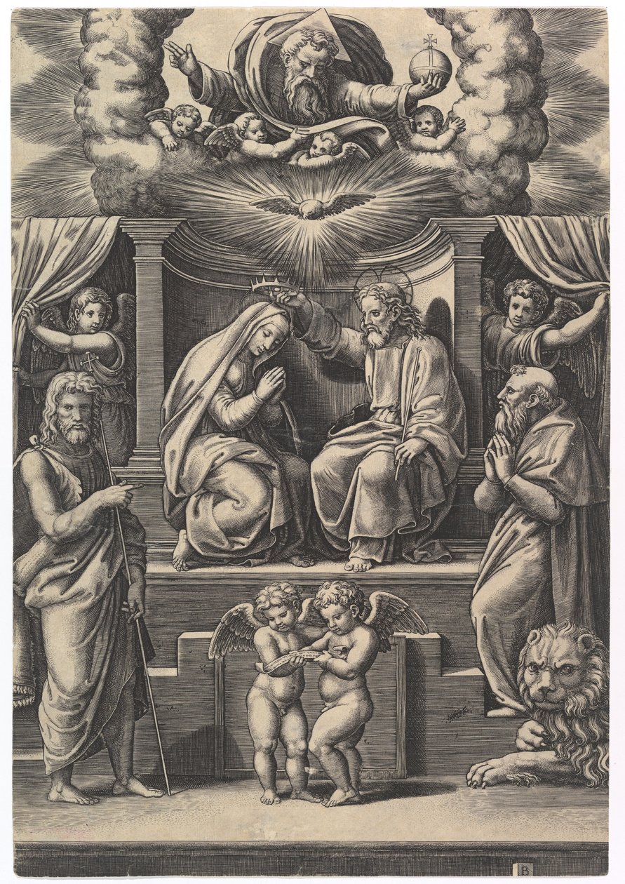 Jungfruns kröning, nere till vänster står Johannes Döparen, nere till höger ..., 1530-60. av Master of the Die