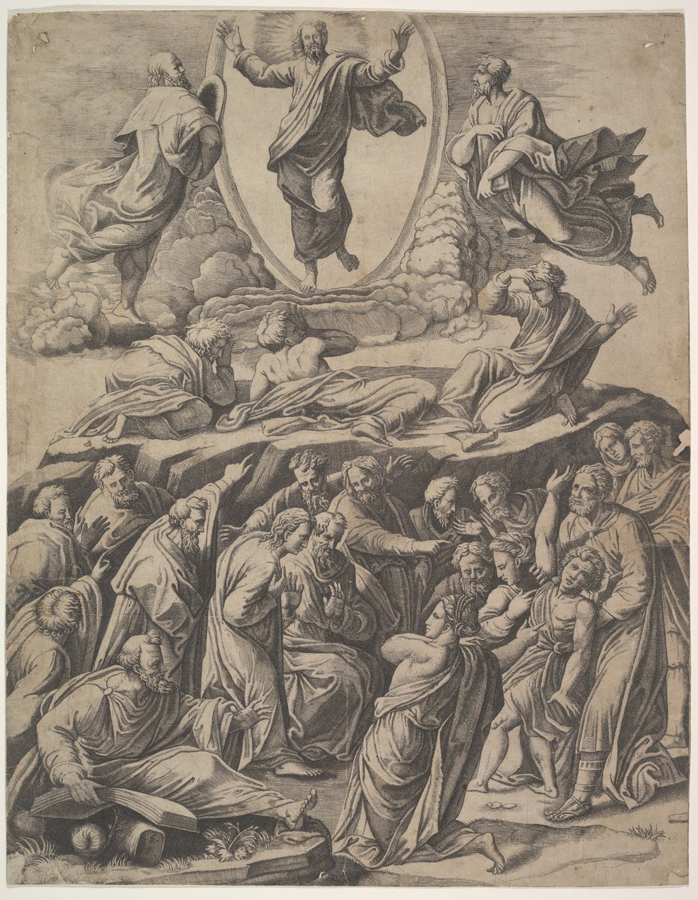 Kristi förvandling som uppenbarar sig i övre mitten, under honom olika figurer inkl..., 1530-60. av Master of the Die