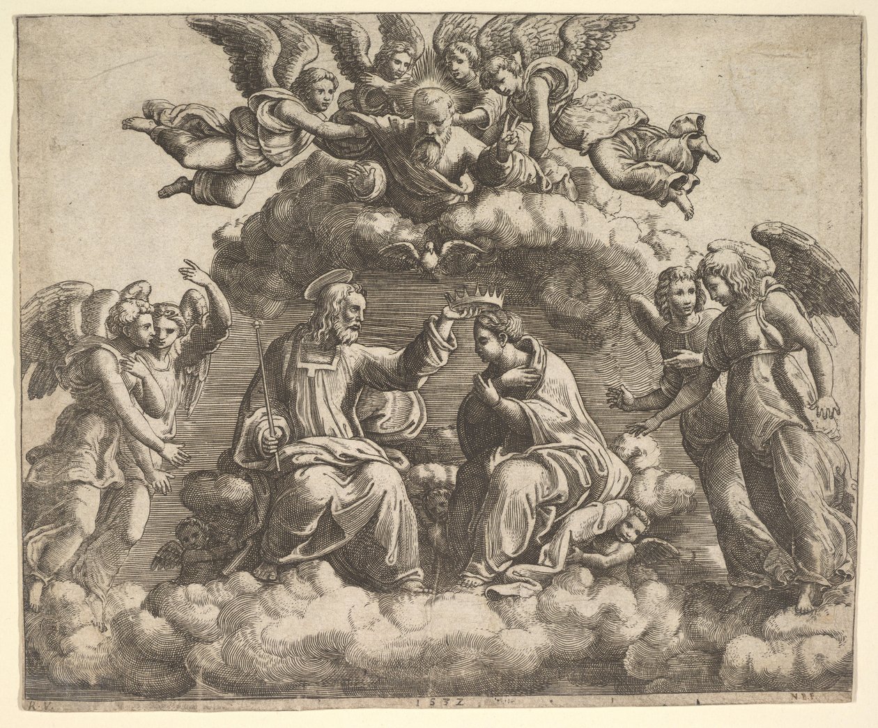 Jungfruns kröning, Kristus håller kronan över sitt huvud, Gud Fadern välsigne..., 1532. av Master of the Die