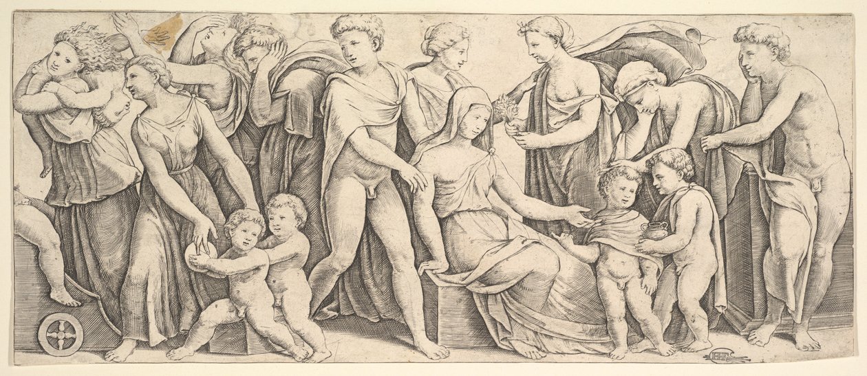 Bröllopet av Jason och Creusa, till vänster Medea tar hennes barn, 1530-60. av Master of the Die