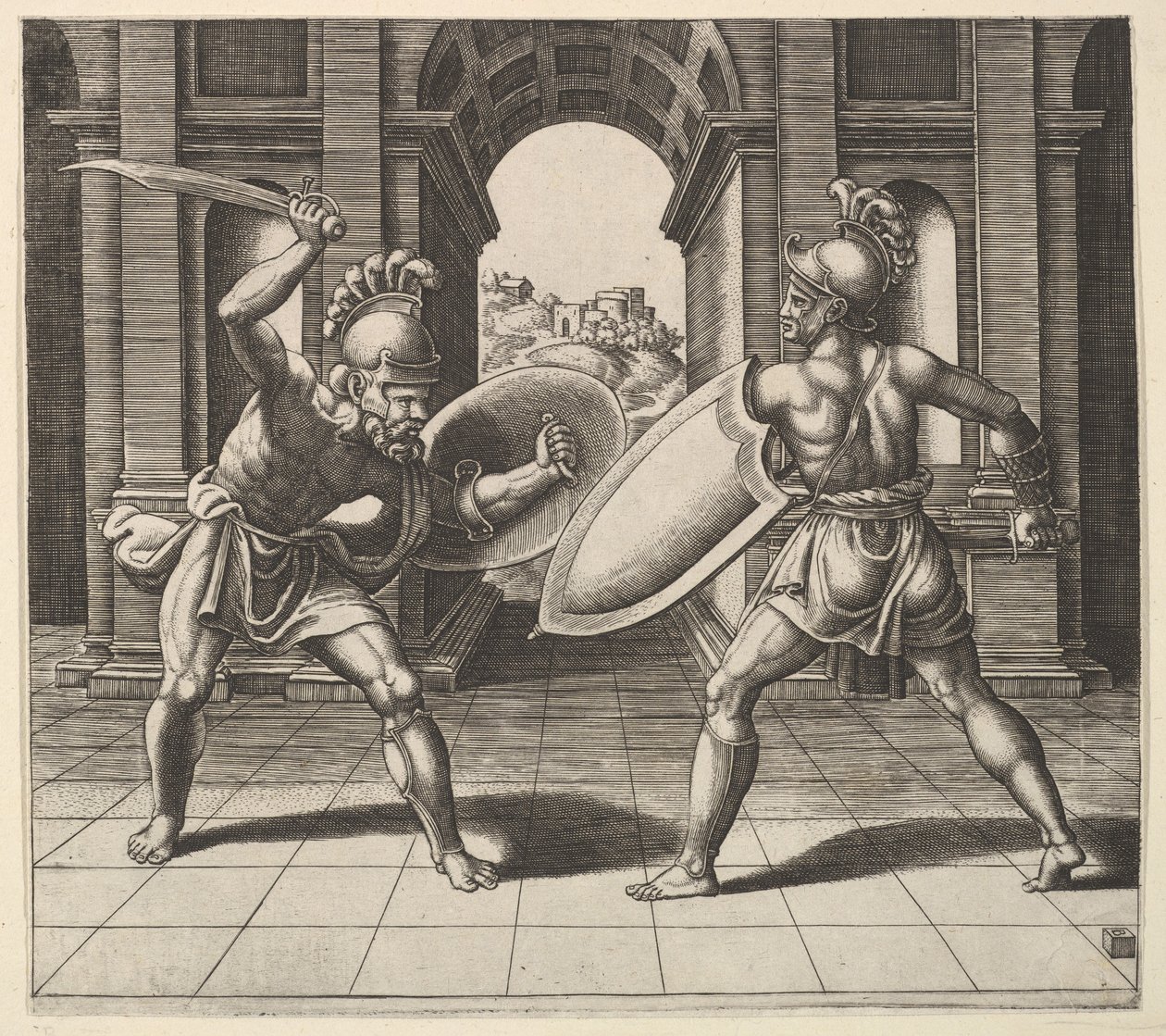 Två gladiatorer slåss framför en båge, 1530-60. av Master of the Die