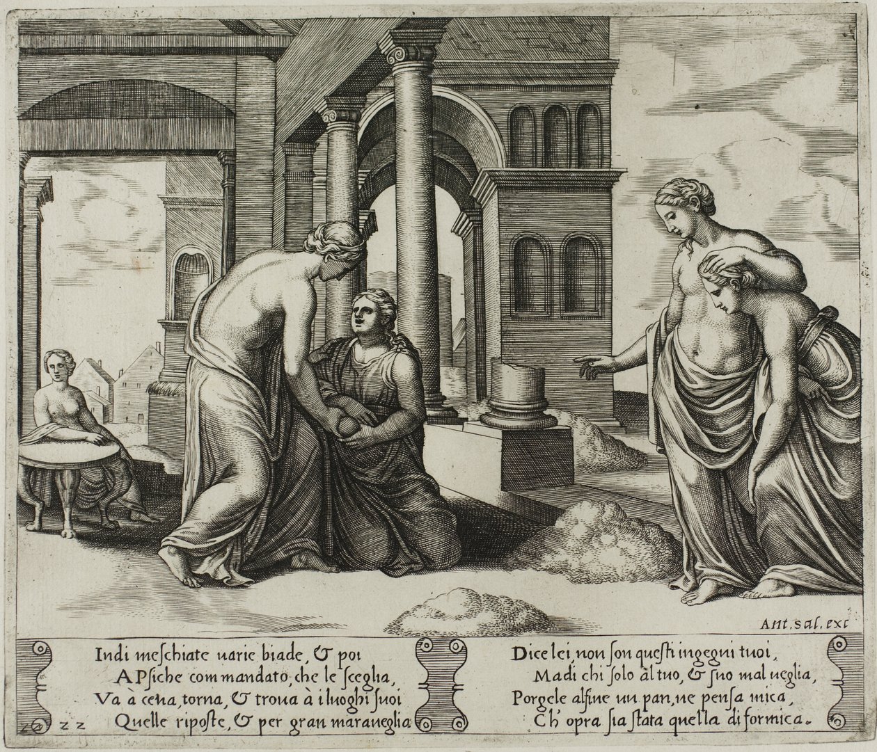 Venus beordrar Psyche att sortera en hög med spannmål av Master of the Die