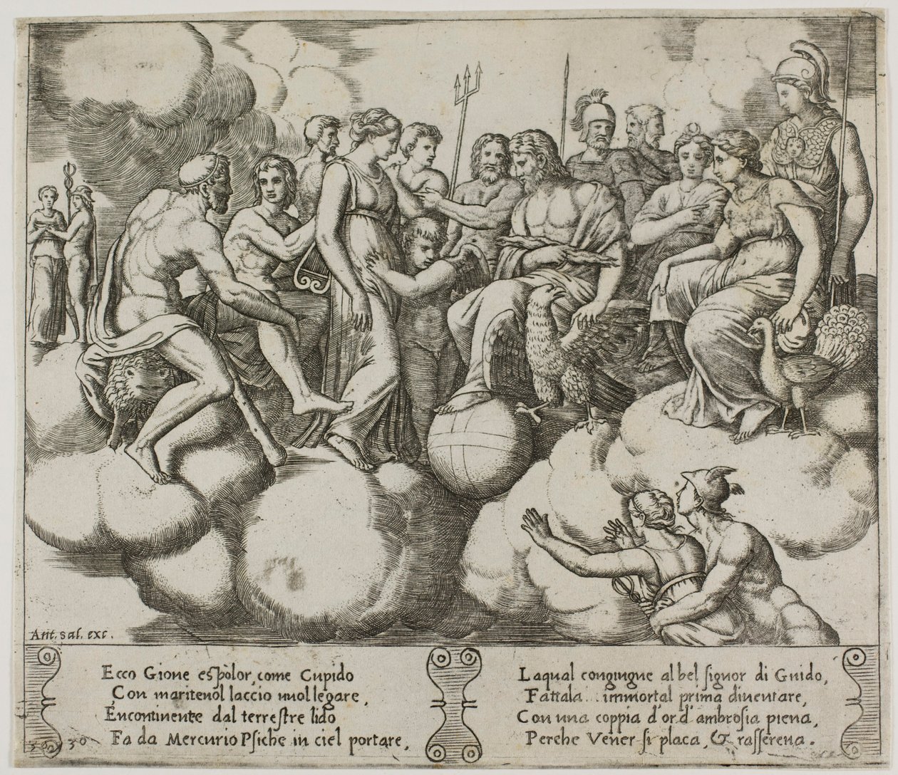 Venus och Amor vädjar om sin sak i närvaro av Jupiter och andra gudar av Master of the Die