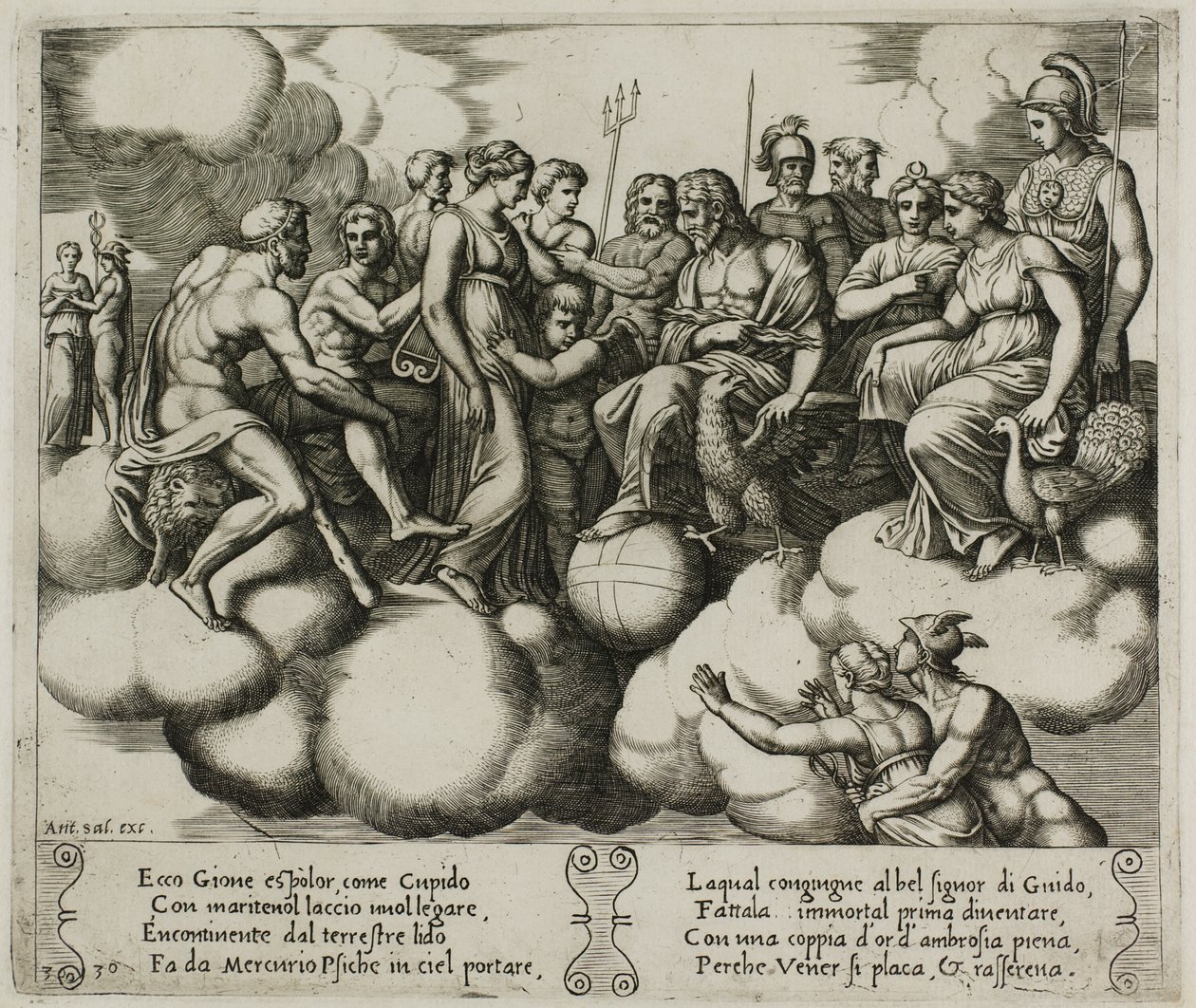Venus och Amor vädjar om sin sak i närvaro av Jupiter och andra gudar av Master of the Die
