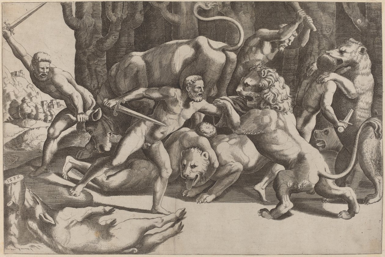 Fem män som slåss vid odjur av Master of the Die after Giulio Romano