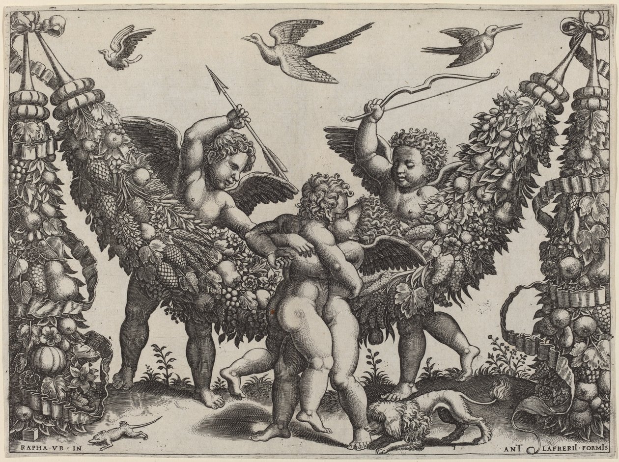 Två Putti...slår en annan som klämmer ett barn av Master of the Die after Raphael