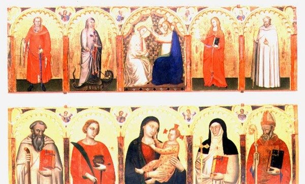 Jungfruns kröning med heliga (tempera på panel) av Master of the Dominican Effigies