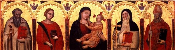 Madonna och barn med heliga (tempera på panel) av Master of the Dominican Effigies