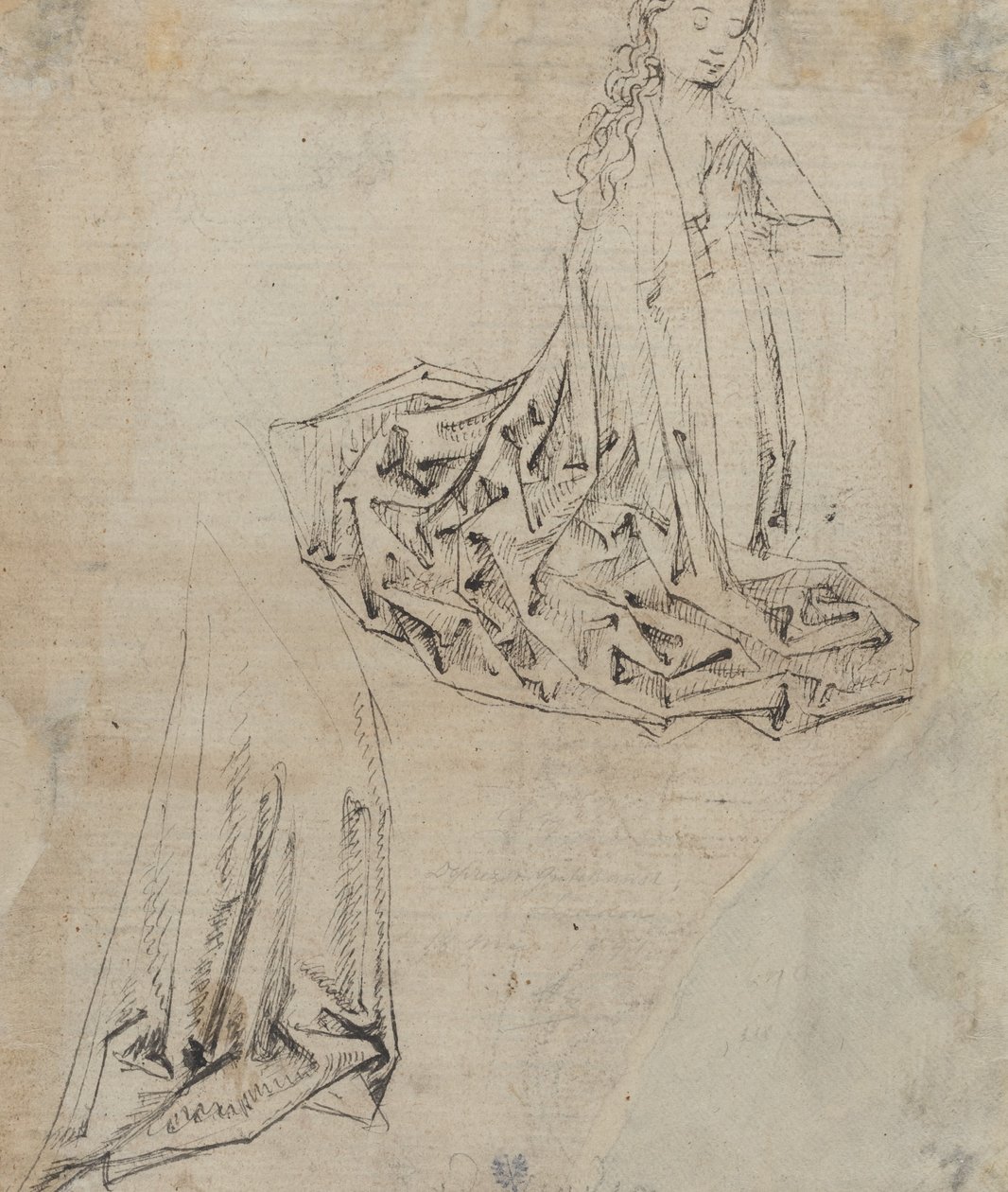 Kvinnlig figur som knäböjer i bön [verso] av Master of the Drapery Studies