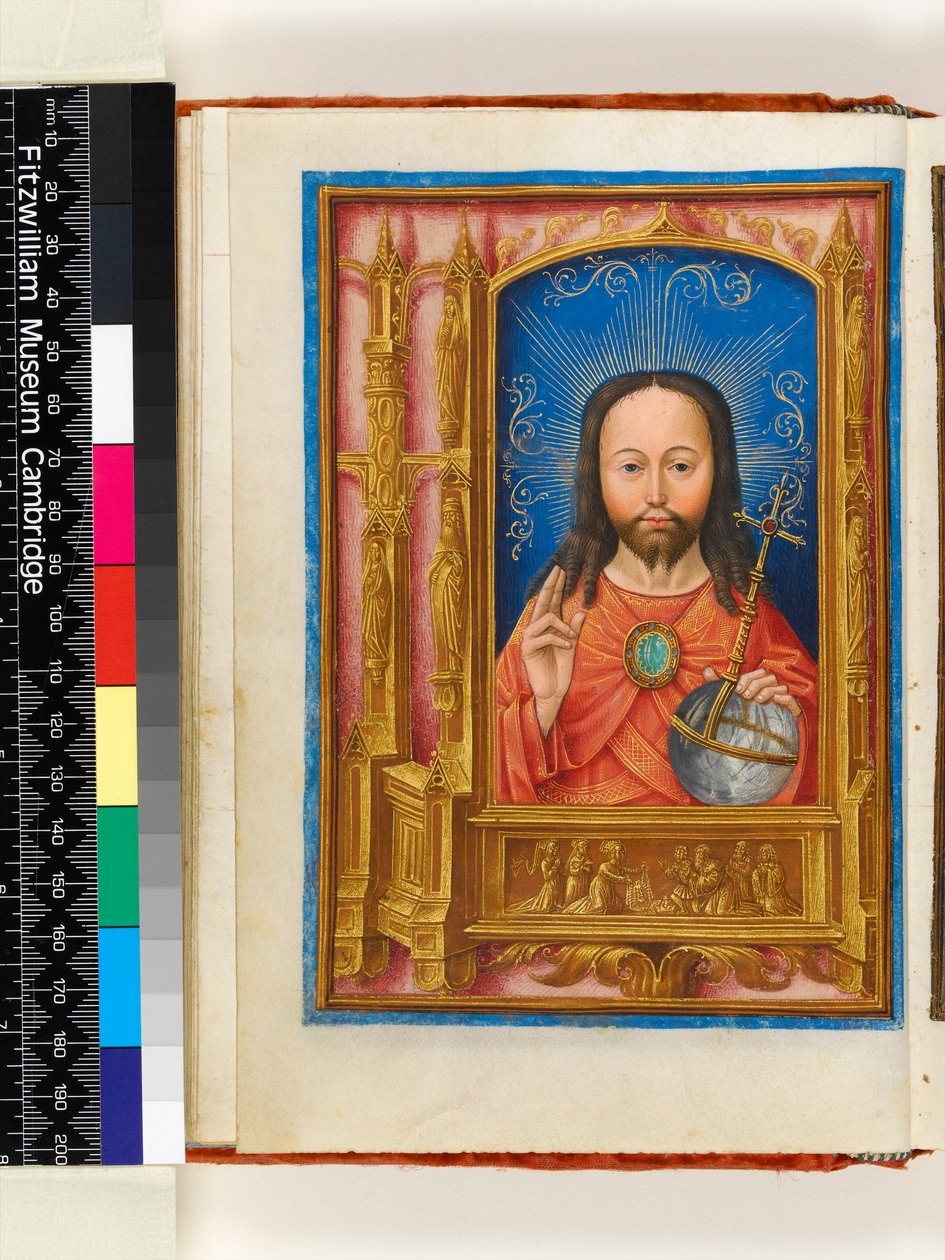 Upplyst manuskript. Timmebok, folios 13 verso: Salve sancta facies, Kristus som Salvator mundi som håller klot och välsignelse, arkitektonisk gräns med helgon i nischer och St Veronica med Vernicle, 1510 av Master of the Dresden Prayer Book