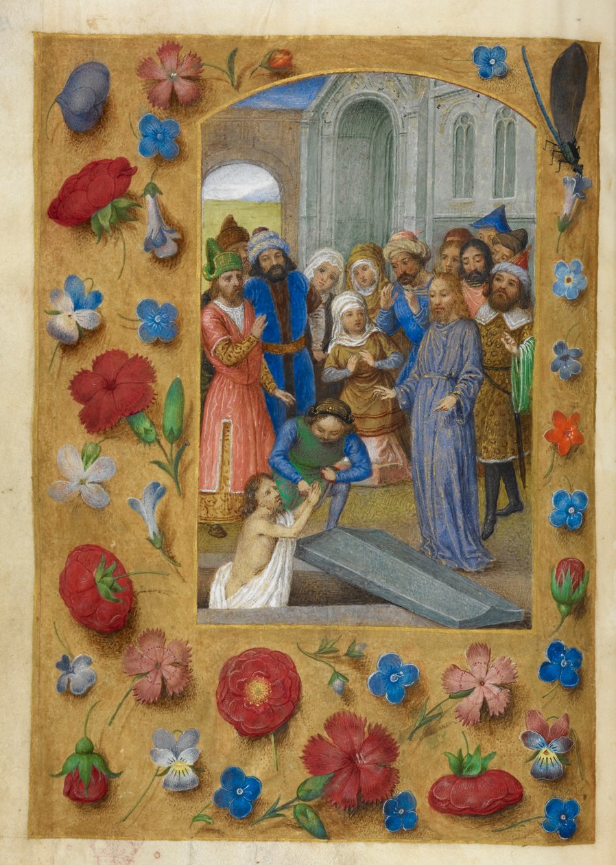 Kristus och Lasarus uppståndelse. av Master of the Dresden Prayer Books