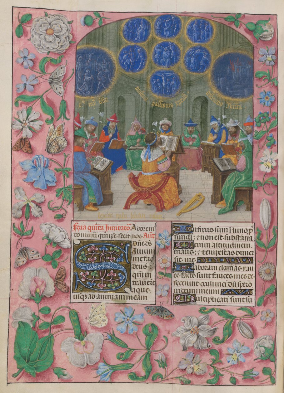 David och templets sångare. Psaltaren. David och templets sångare. Sångarna bär allegoriska blommor, under visioner av passionen, martyrernas lidanden och Jerusalems förstörelse. Davids harpa ligger bredvid honom. av Master of the Dresden Prayer Books