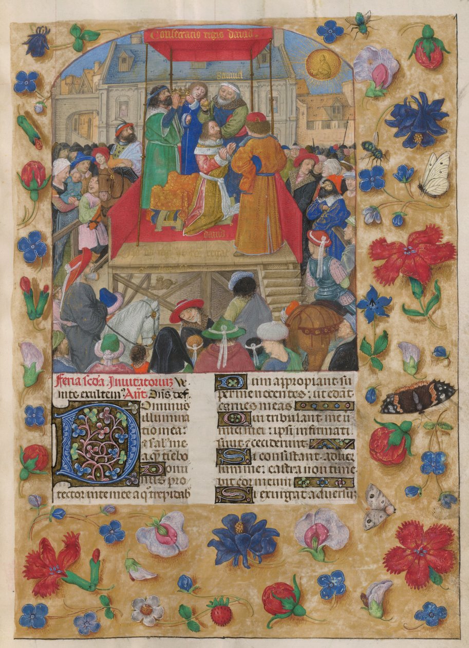 David kröntes till kung av Israel. Psaltaren. Saul smörjer David och Davids kröning till Israels kung. Psalm 26, som börjar med dekorerad initial "D". Kanter av trompe l