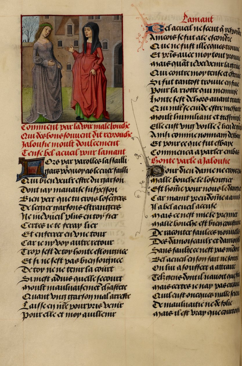Miniatyr visar Jalousie (Jealousy) prata med Bel Accueil (Fair Welcome) från "Le Roman de la Rose" av Master of the Dresden Prayer Books
